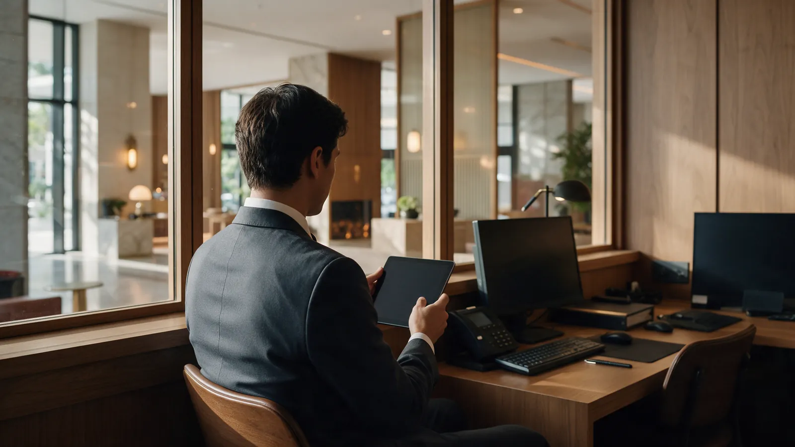Illustrative hotel manager reviewing a tablet in an office overlooking the lobby.