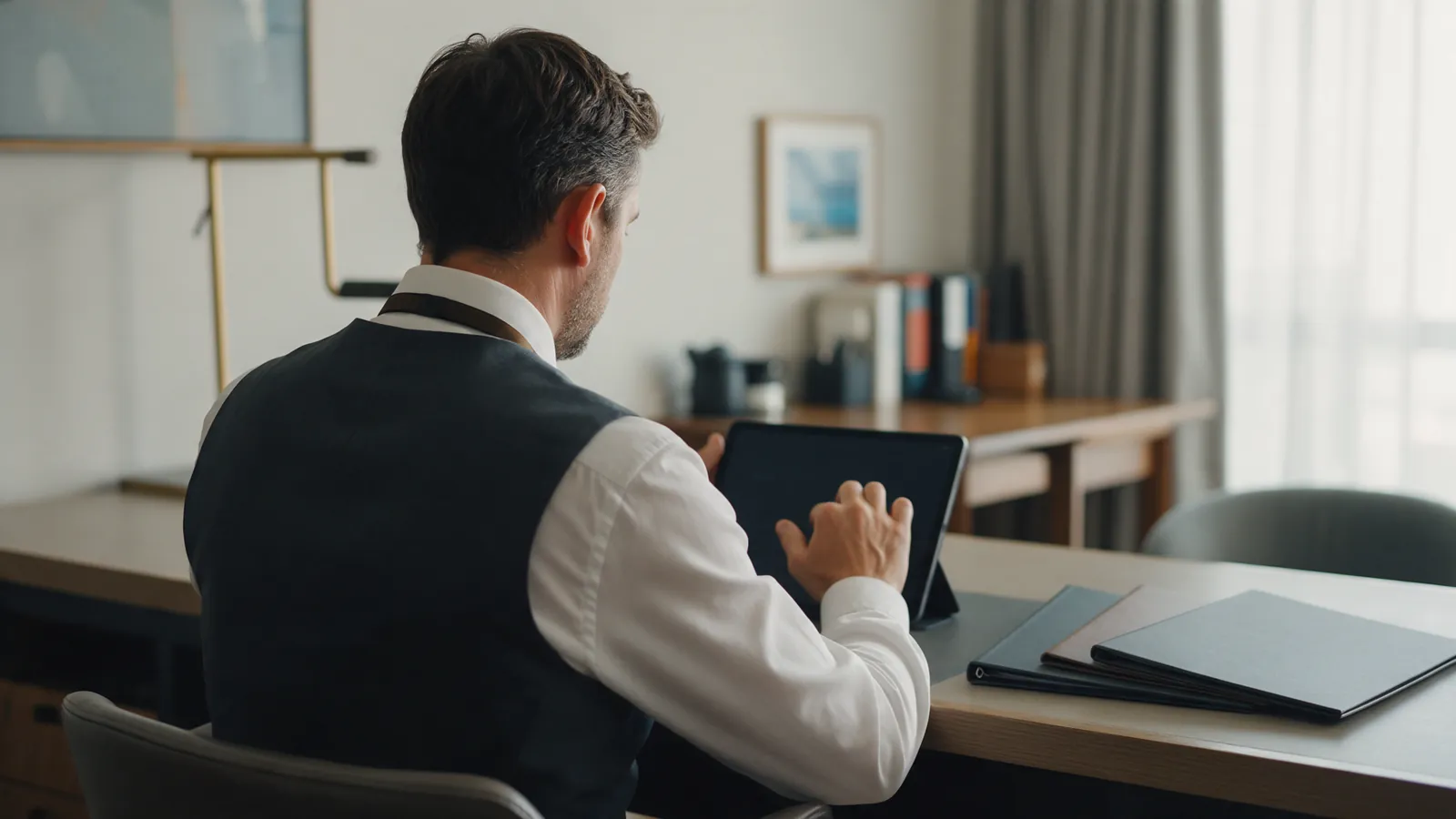 Illustrative operations manager reviewing a tablet and closed folders.