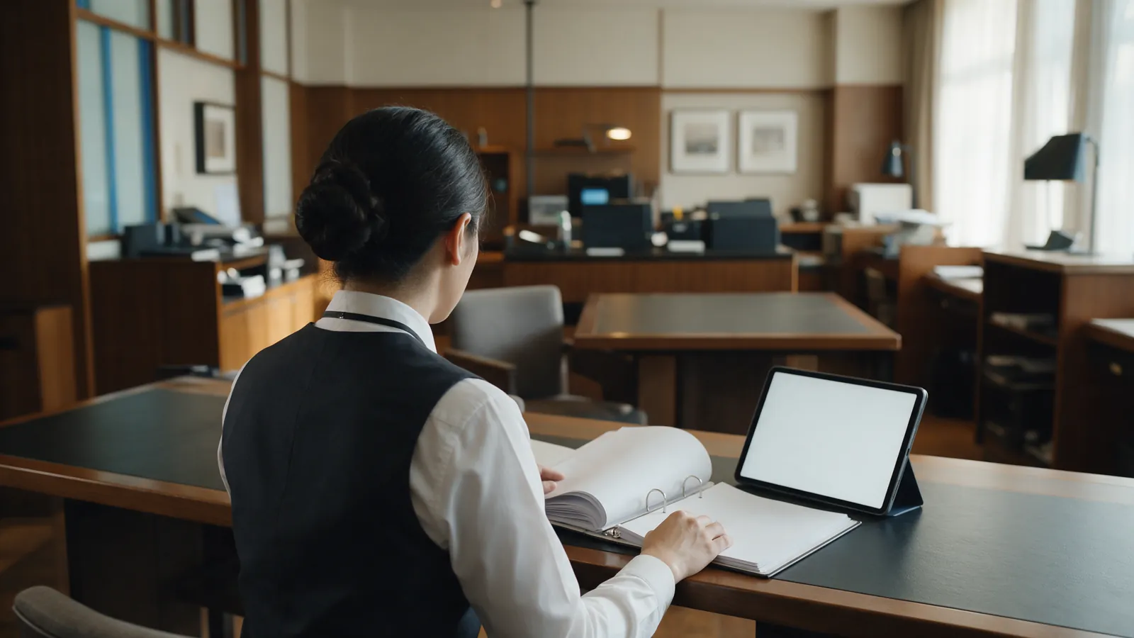 Illustrative hotel supervisor consulting a procedure binder beside a tablet.