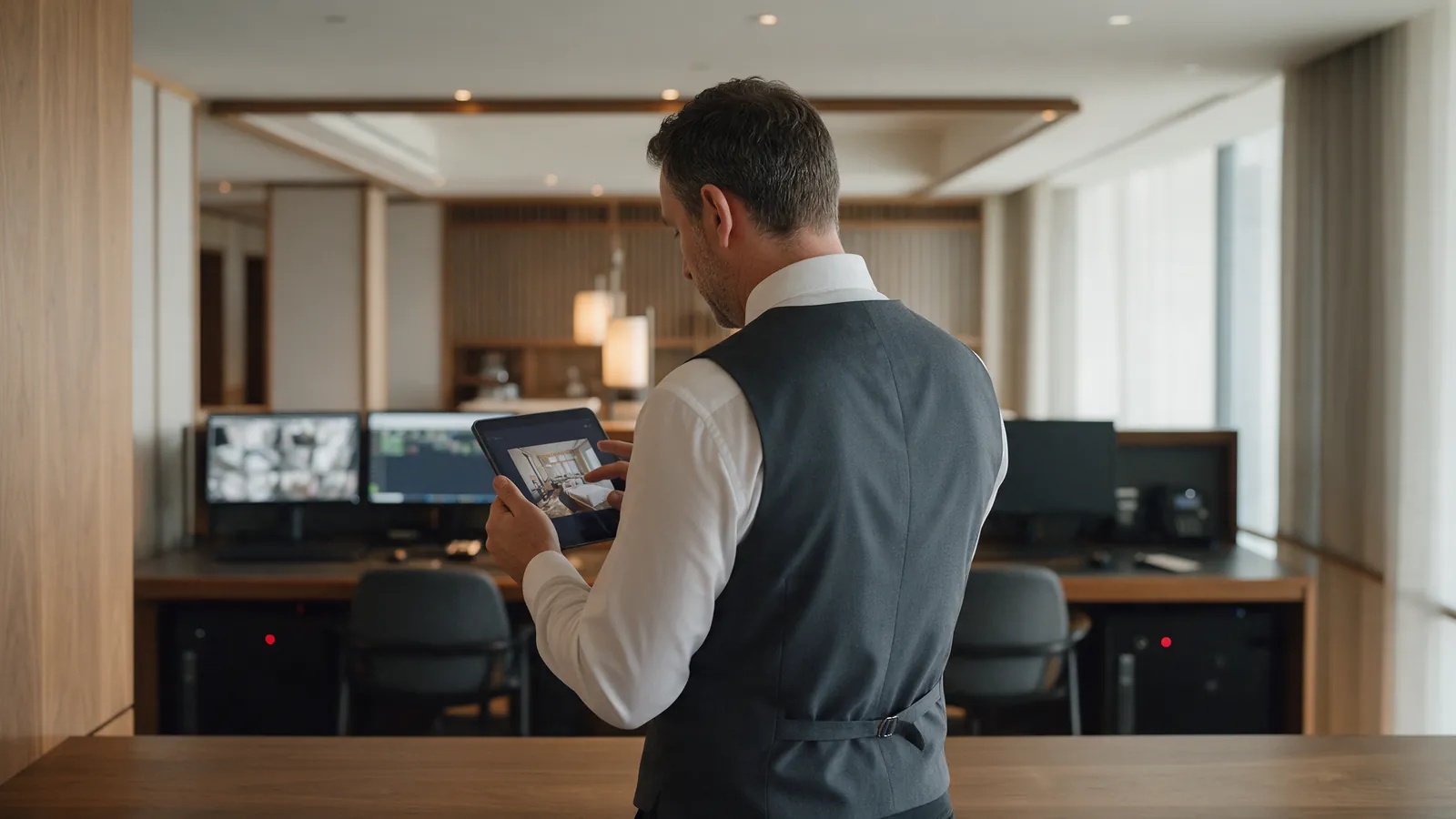 Illustrative hotel operations manager reviewing an unreadable event image on a tablet.