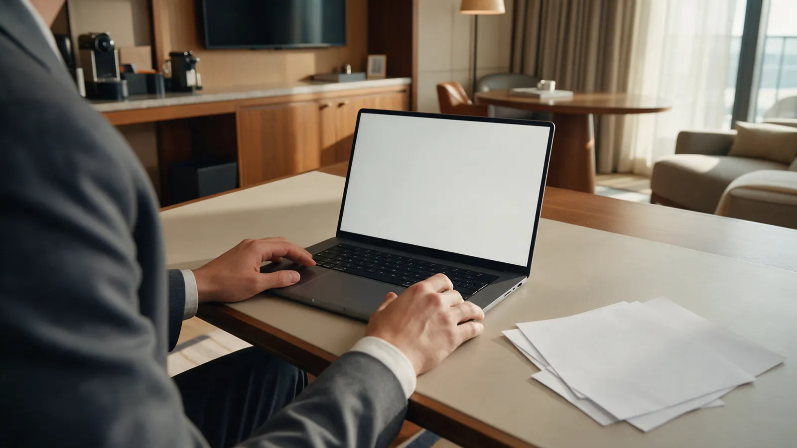 Illustrative hotel operations leader preparing a weekly review at a desk.