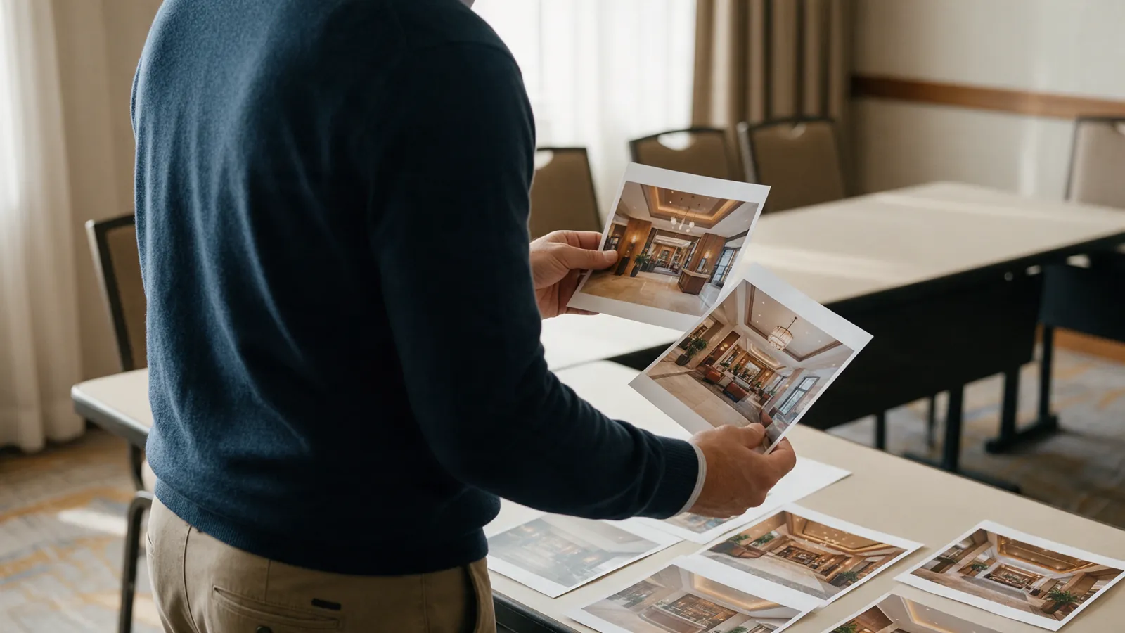 Illustrative regional hotel manager comparing lobby photographs from several properties.