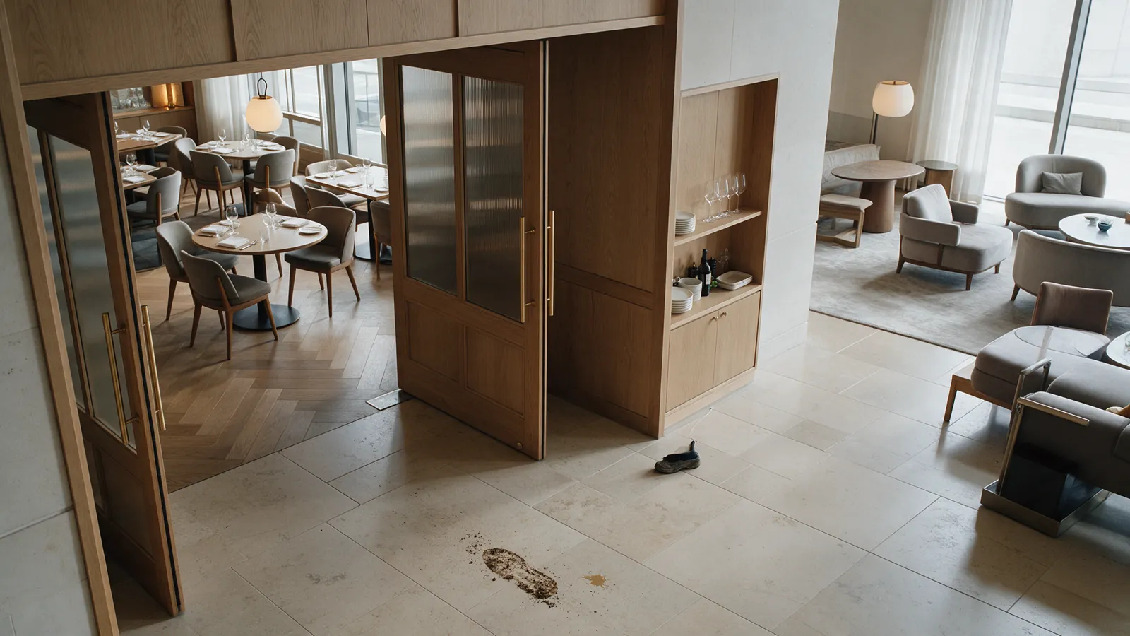 Illustrative hotel lounge floor with visible dirt marks.