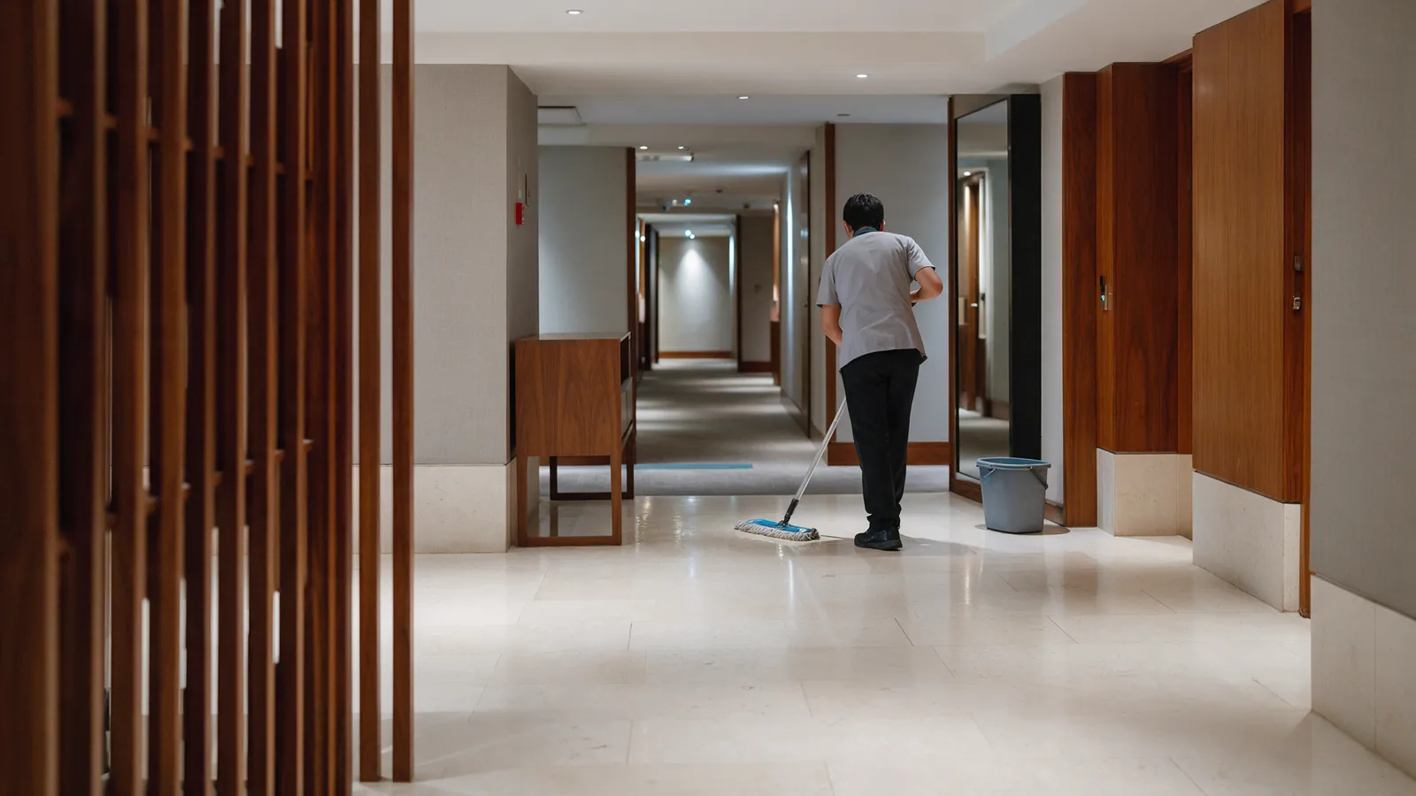 Illustrative hotel housekeeper finishing a cleaning pass, seen from behind.
