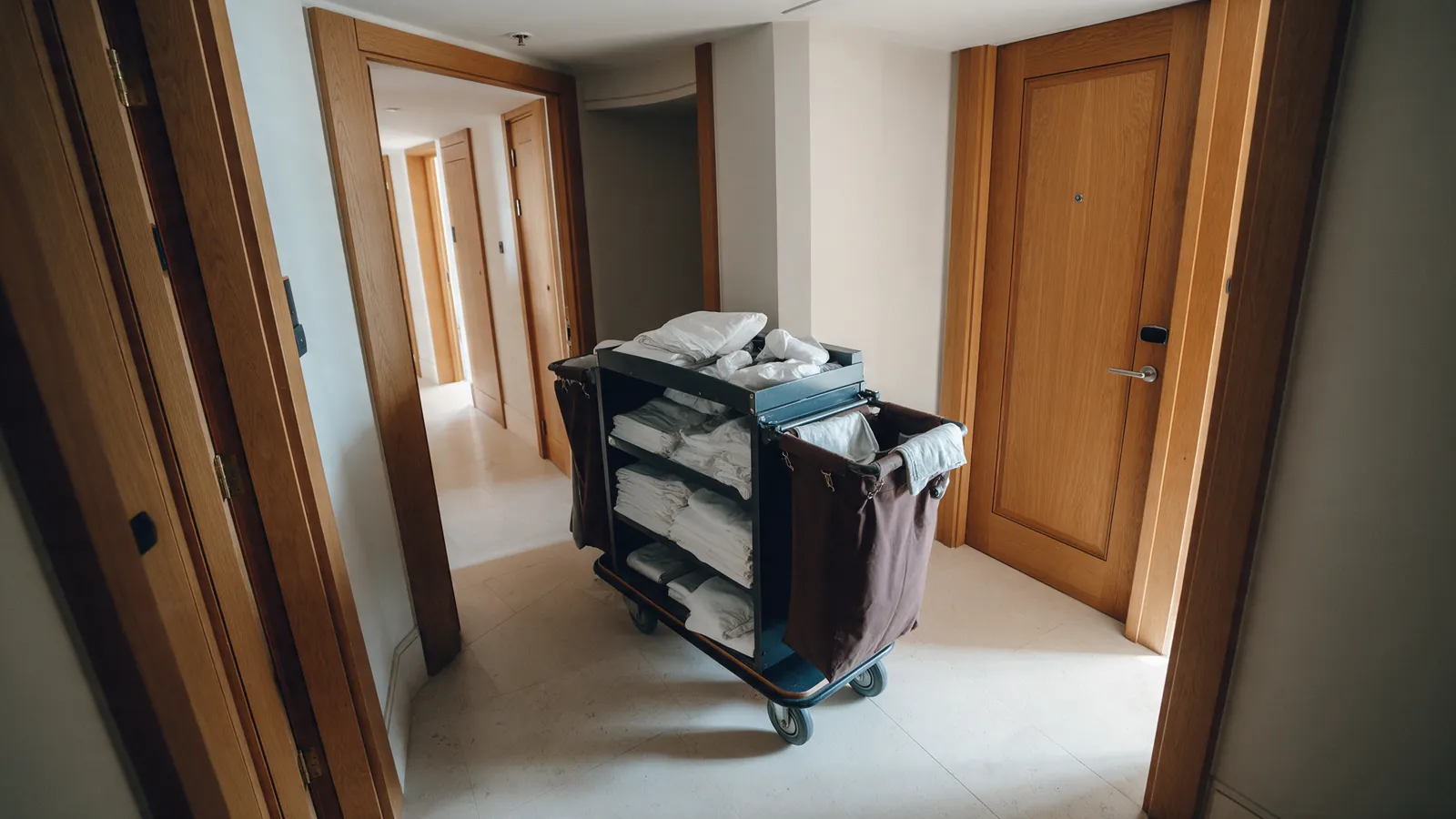 Illustrative hotel corridor with a cart and folded linen partly blocking the path.
