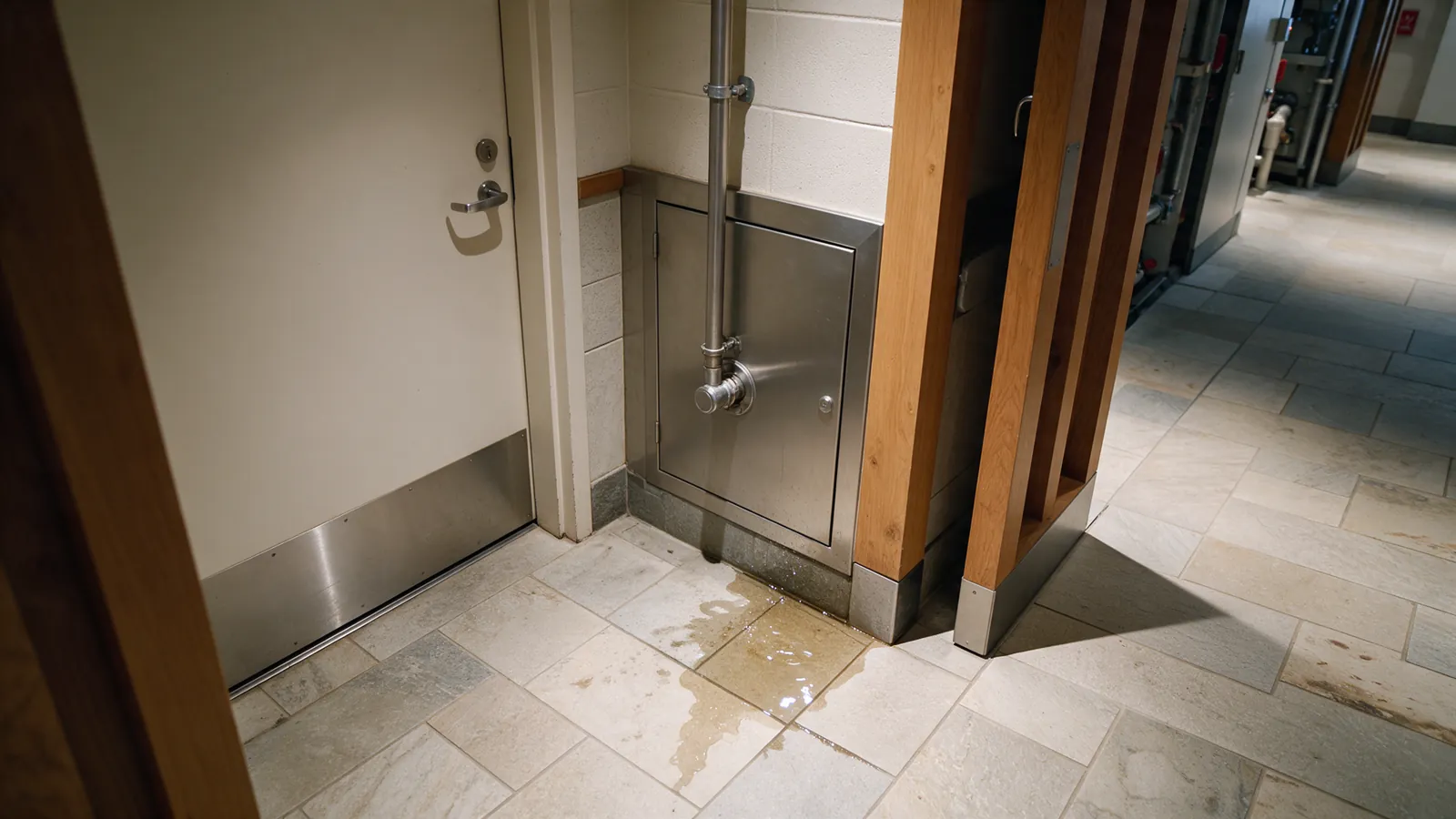 Illustrative small water leak near a hotel service-room access panel.