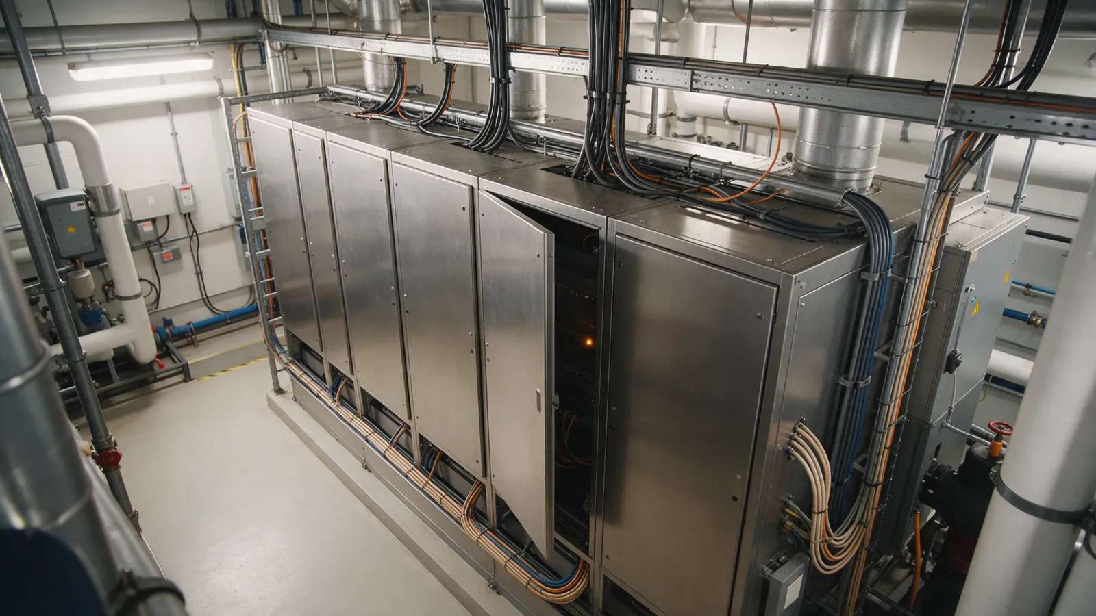 Illustrative hotel plant room with an open equipment panel.