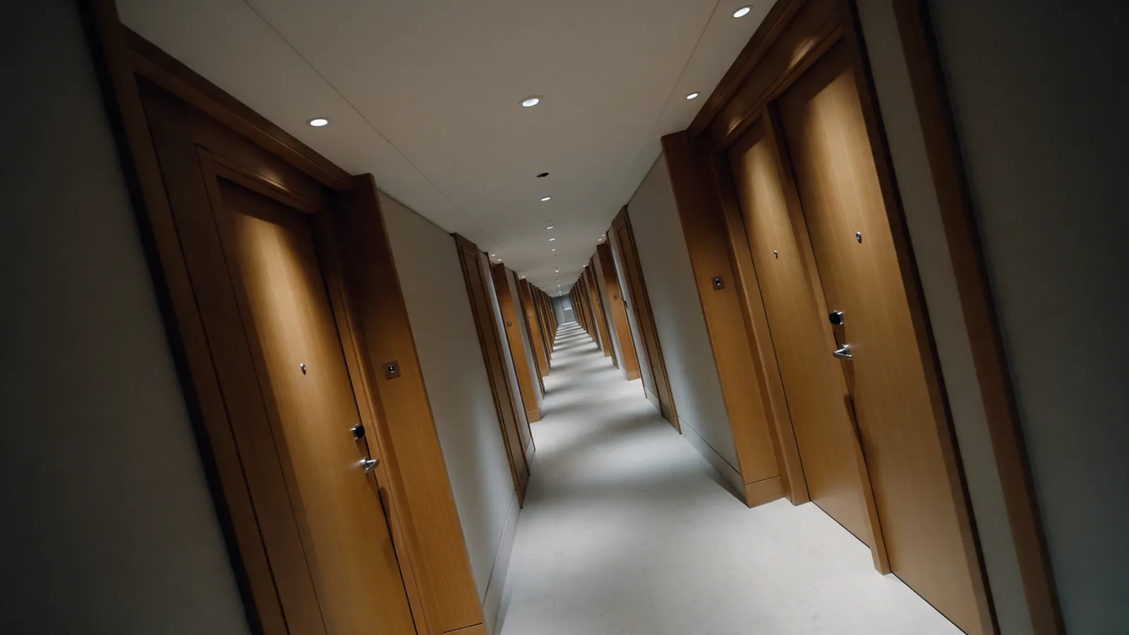 Illustrative hotel corridor with one ceiling light visibly dim.