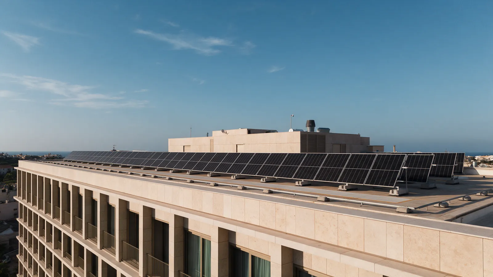 Illustrative hotel rooftop solar panels and a maintenance walkway.