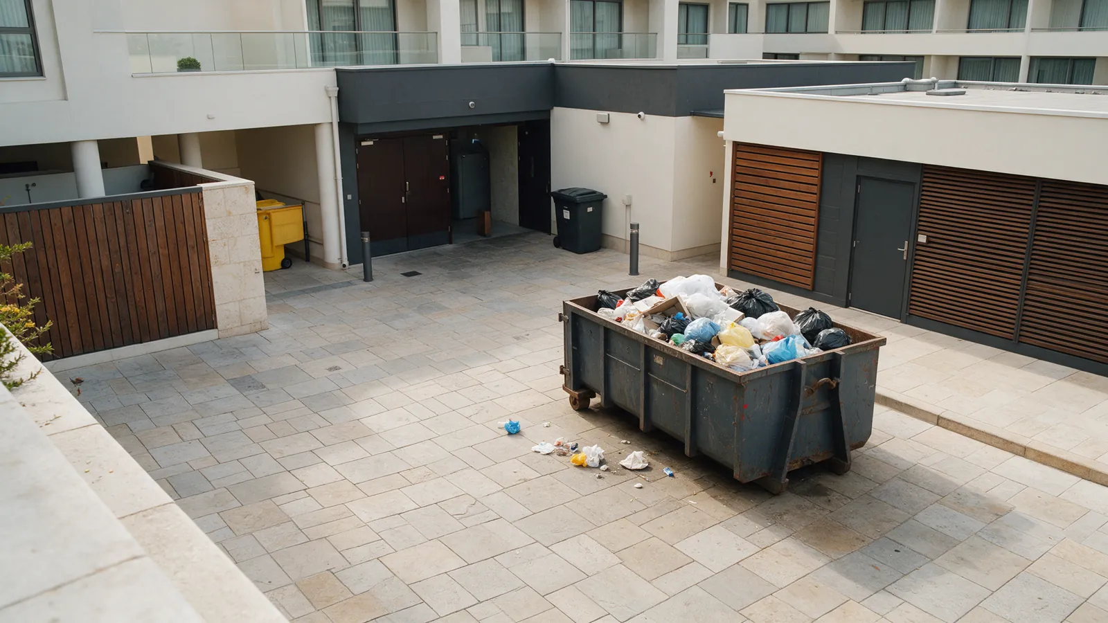 Illustrative hotel waste-service yard with a full container and scattered waste.