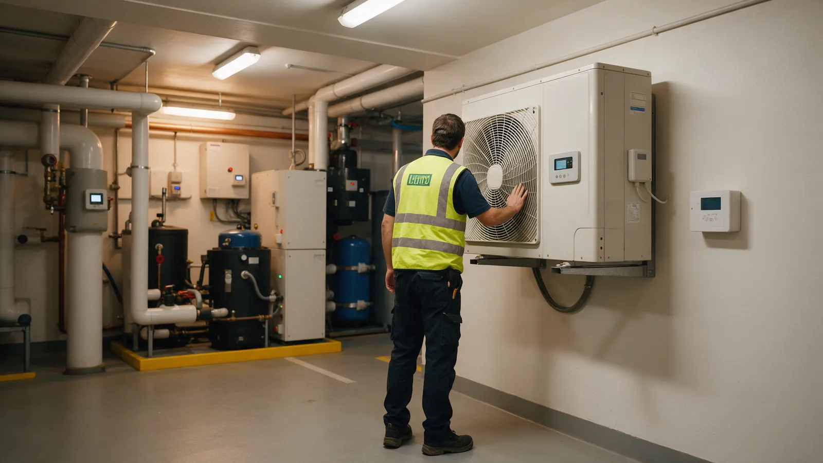Illustrative facilities technician comparing HVAC equipment with an unlabeled sensor panel.