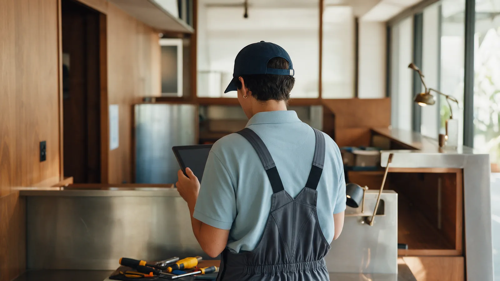 Illustrative hotel maintenance coordinator reviewing a follow-up on a tablet.