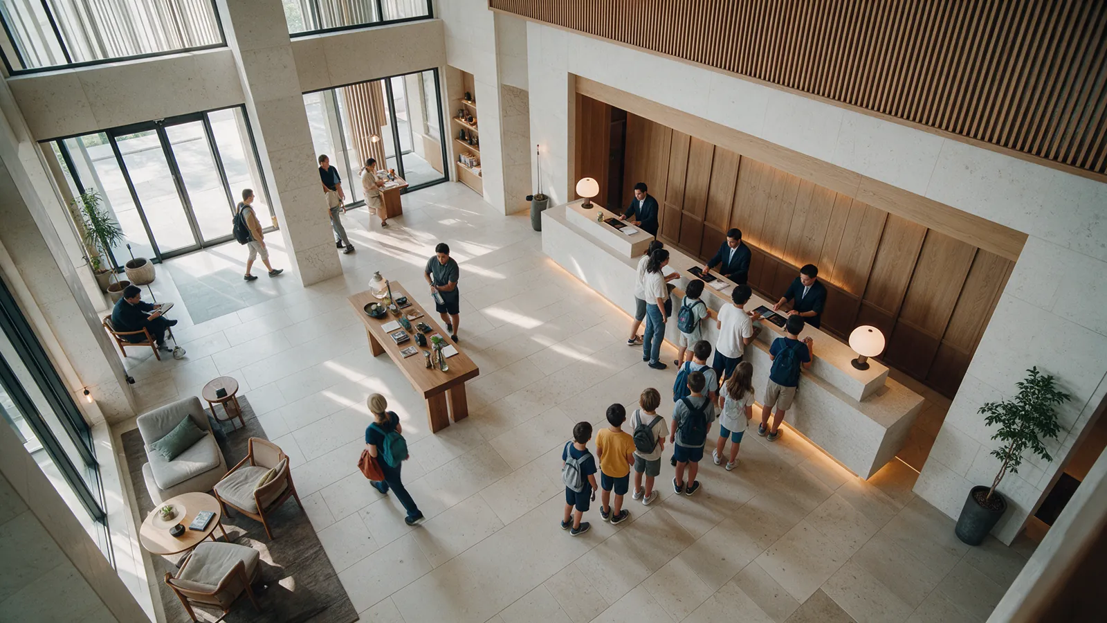 Illustrative orderly check-in queue at a hotel reception, seen from behind.