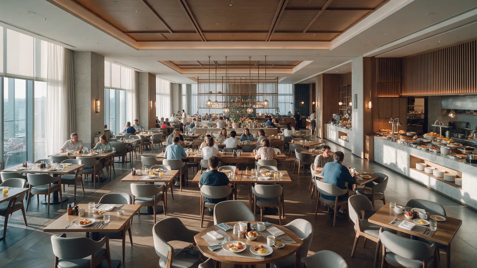 Illustrative hotel restaurant showing aggregate occupancy from a high angle.