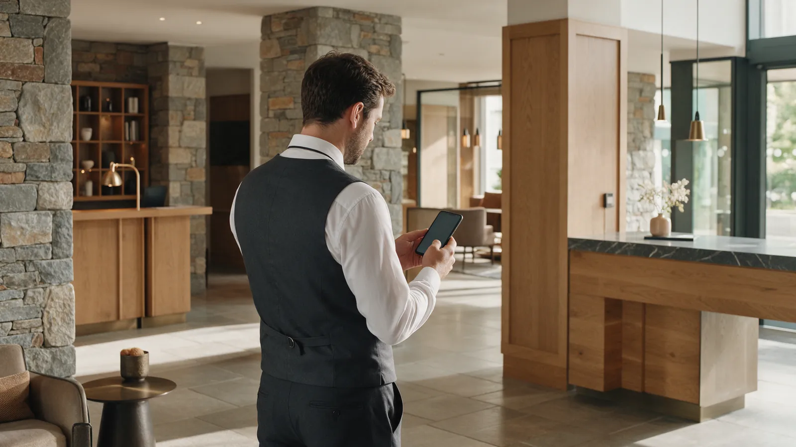 Illustrative duty manager checking a phone after a hotel task; screen unreadable.