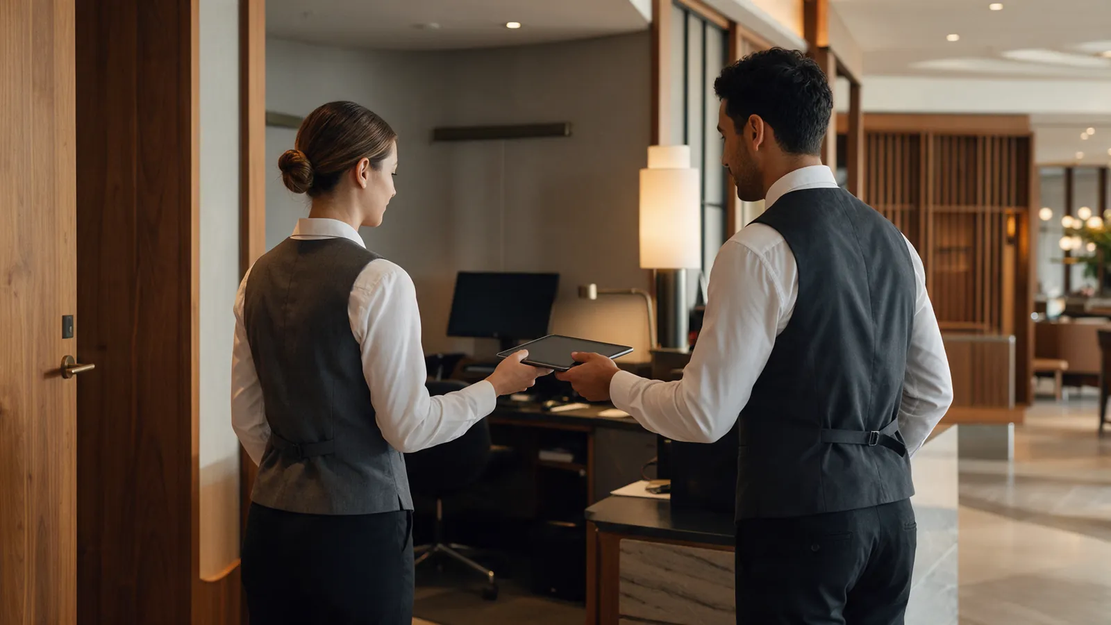 Illustrative hotel operations staff handing over a tablet between shifts, viewed from behind.