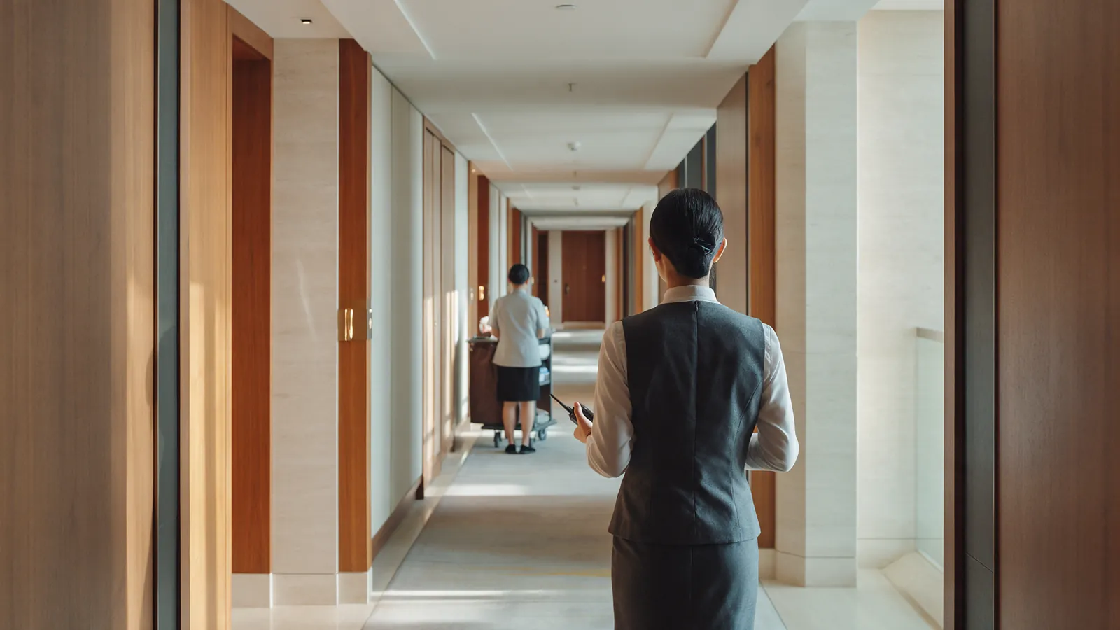 Illustrative hotel manager coordinating a housekeeping response by radio.