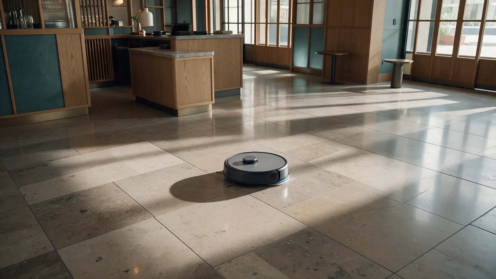 Illustrative autonomous floor-cleaning robot in an empty hotel lobby.