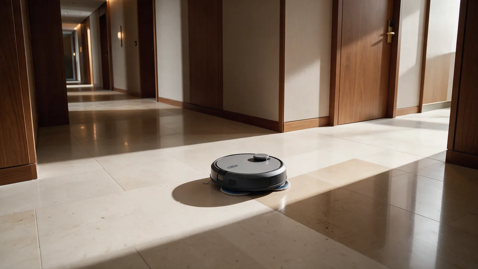 Illustrative autonomous cleaning robot in a hotel corridor during a coverage check.