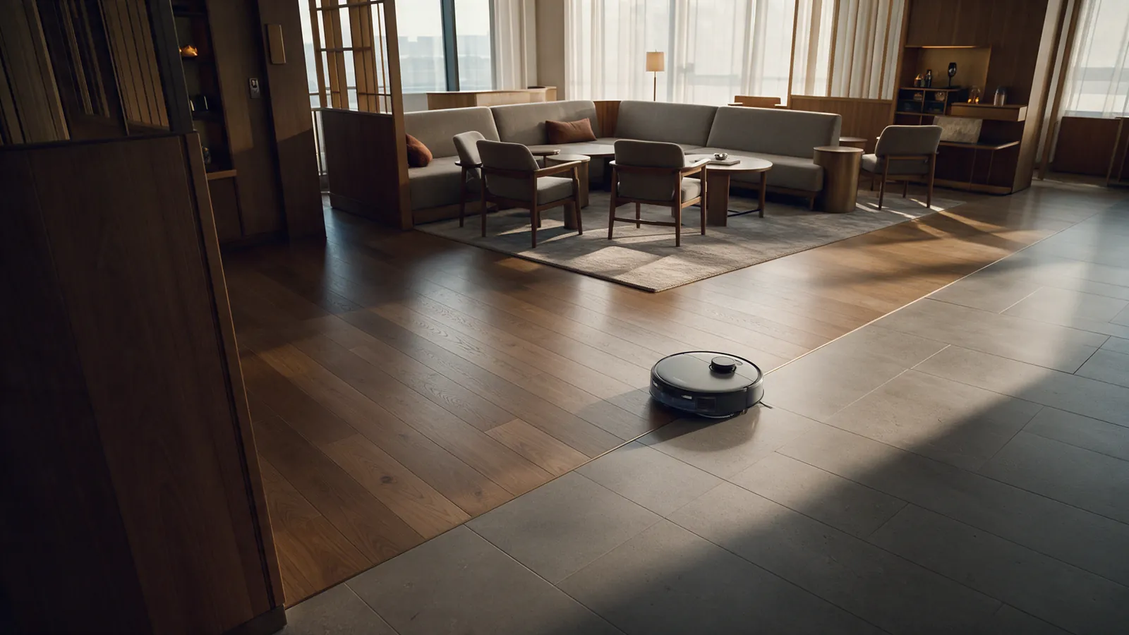 Illustrative autonomous cleaning robot waiting in an empty hotel lounge before service.