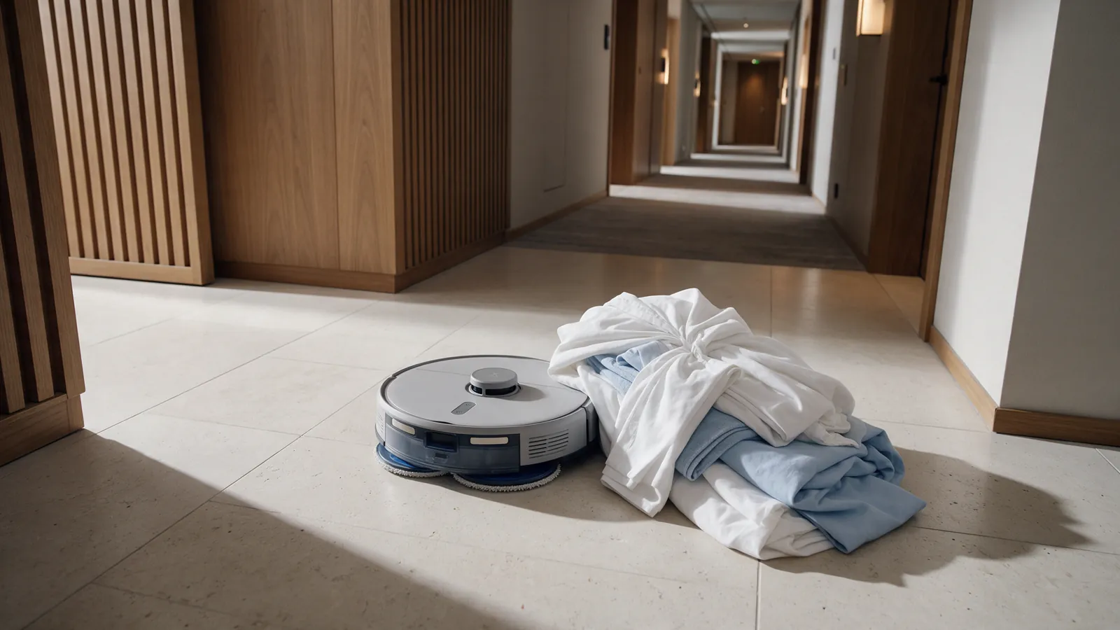 Illustrative cleaning robot paused beside a bundle of linen obstructing its route.