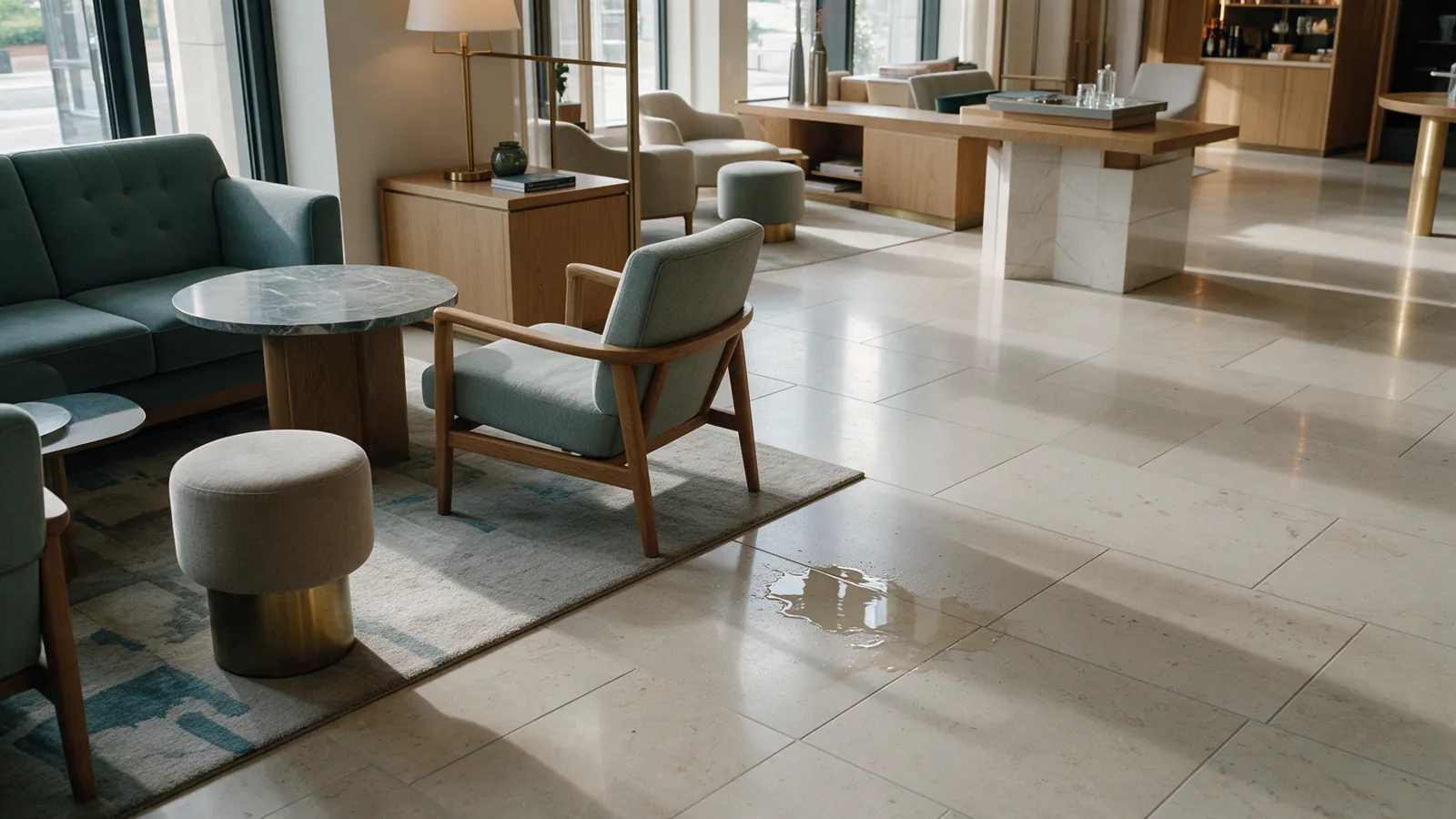Illustrative hotel lobby with a small water spill on the floor.
