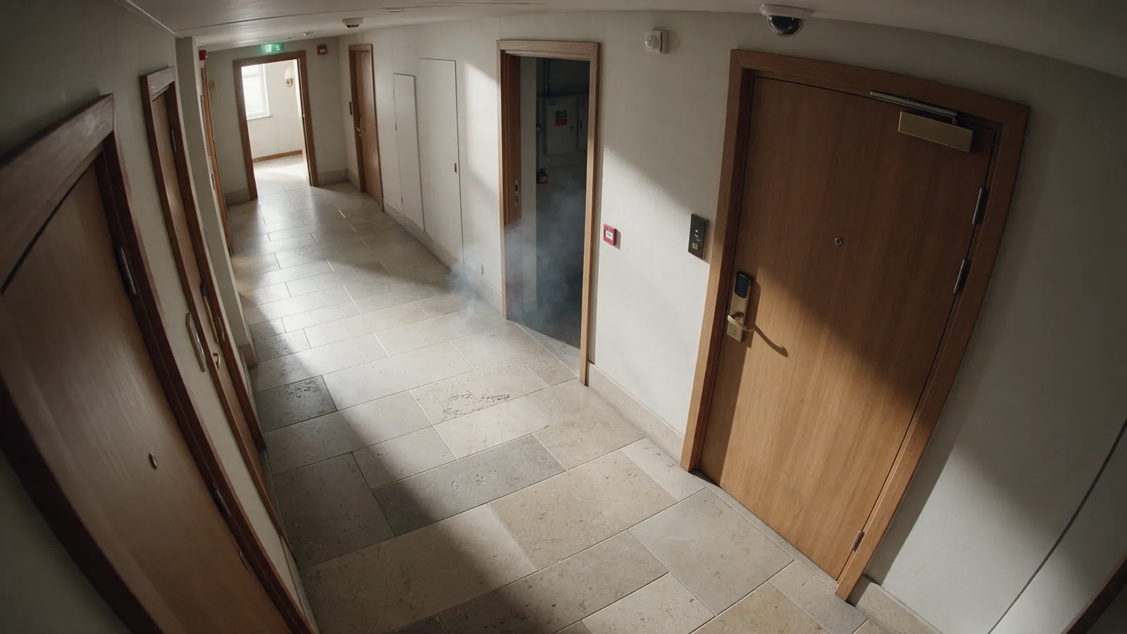Illustrative faint smoke near a hotel utility-room doorway.