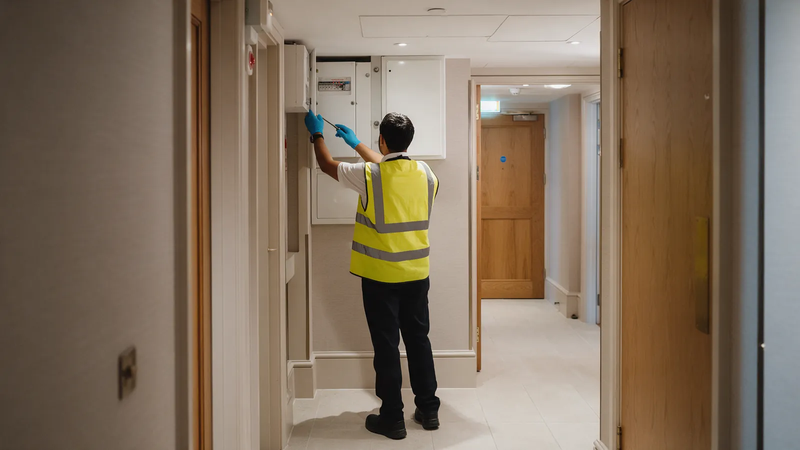 Illustrative hotel staff member wearing protective gear in a service area, viewed from behind.