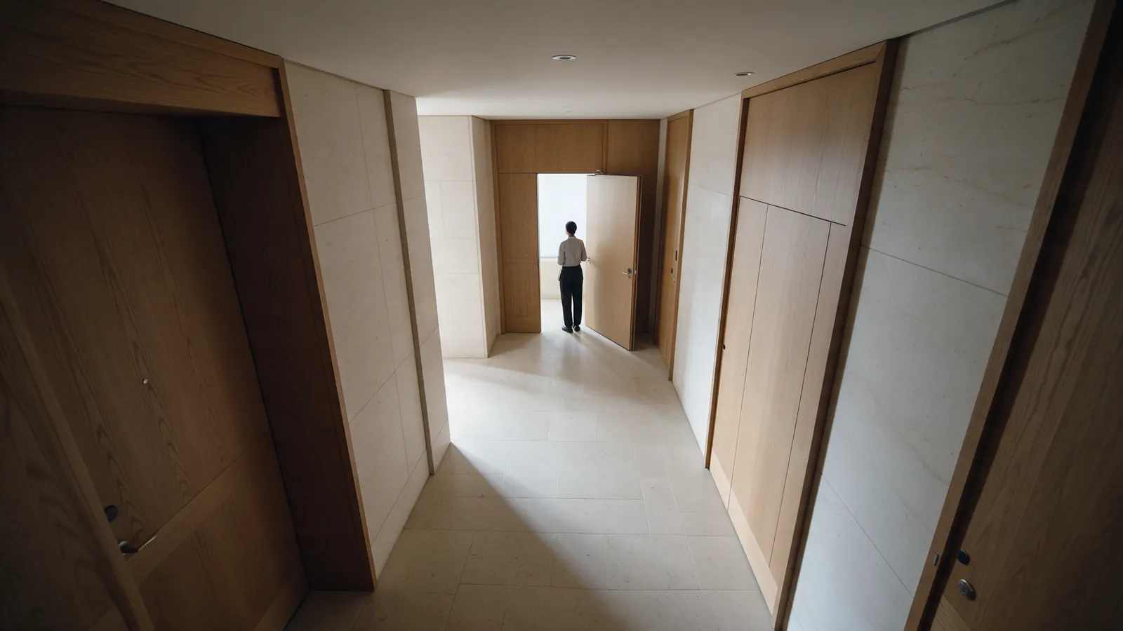 Illustrative hotel service entrance with a person waiting at a distance.