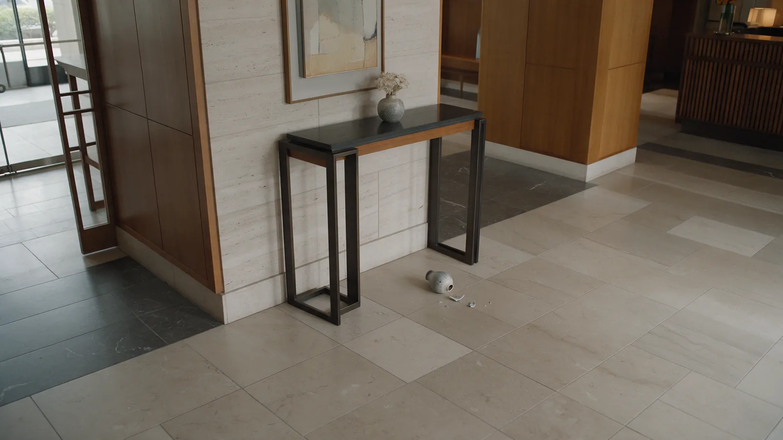 Illustrative minor property damage in a hotel lobby after the event.