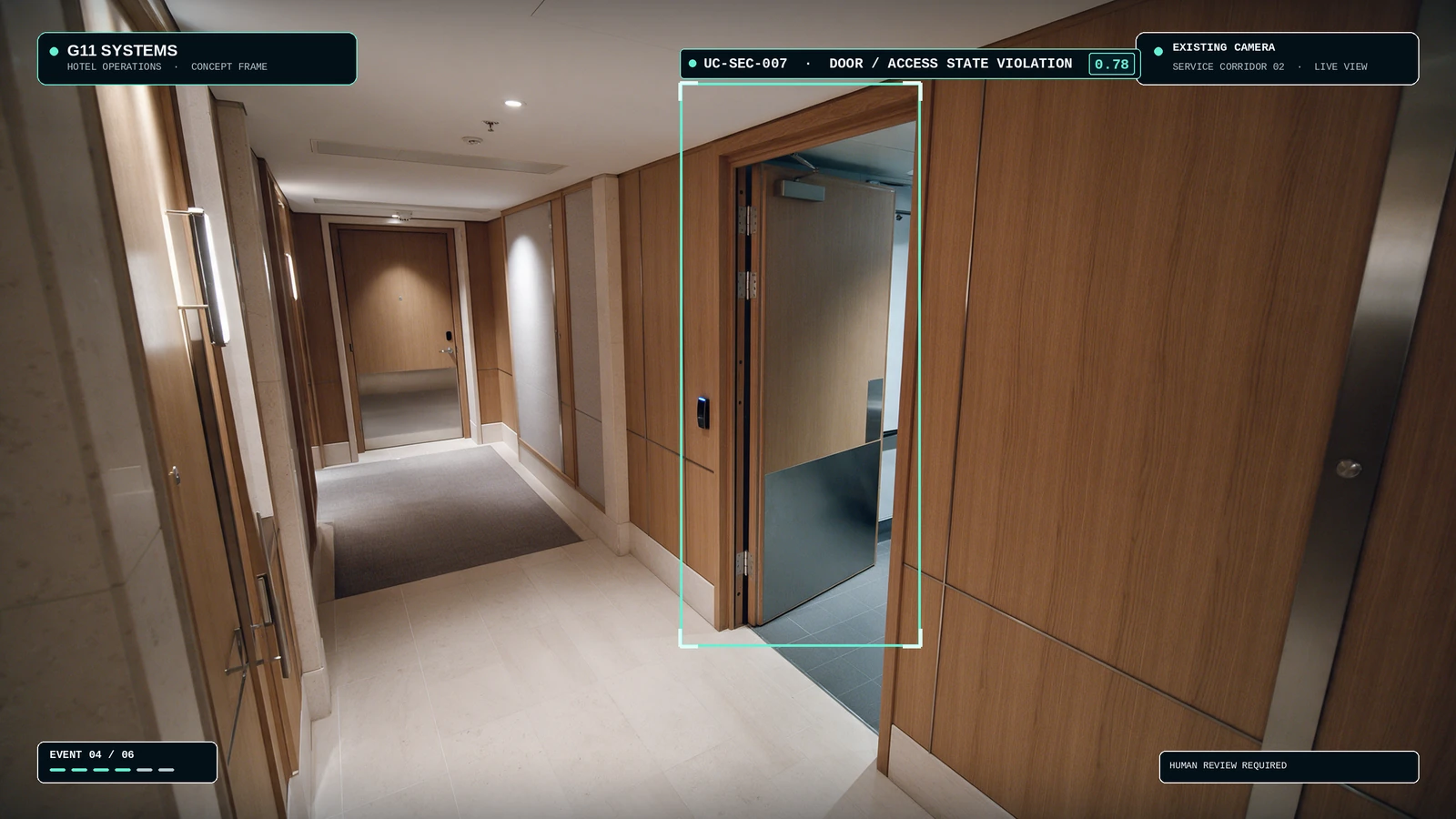 Illustrative service-corridor camera frame with a door highlighted for staff review.