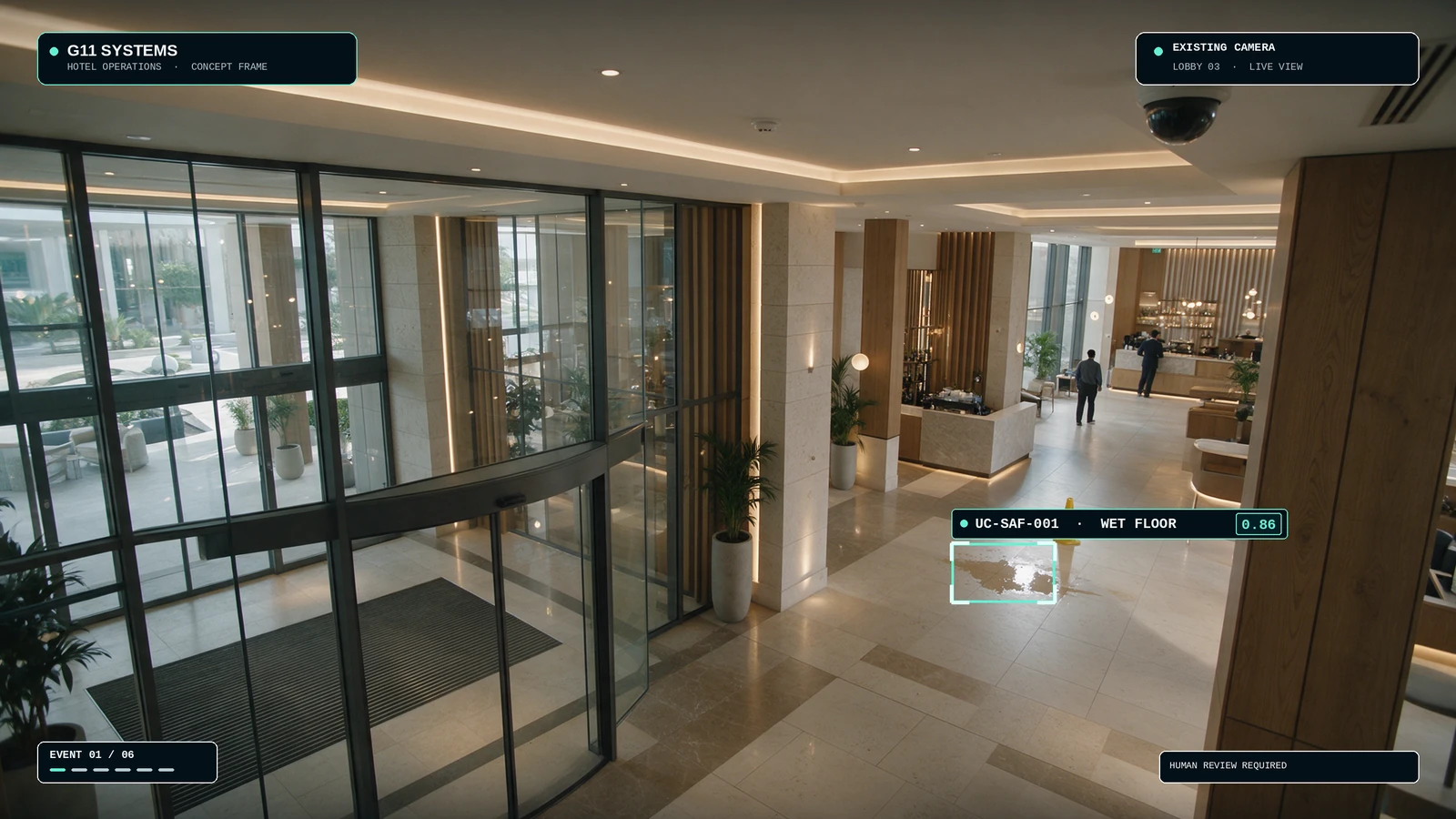 Illustrative hotel-lobby camera frame with a possible spill highlighted on the floor.