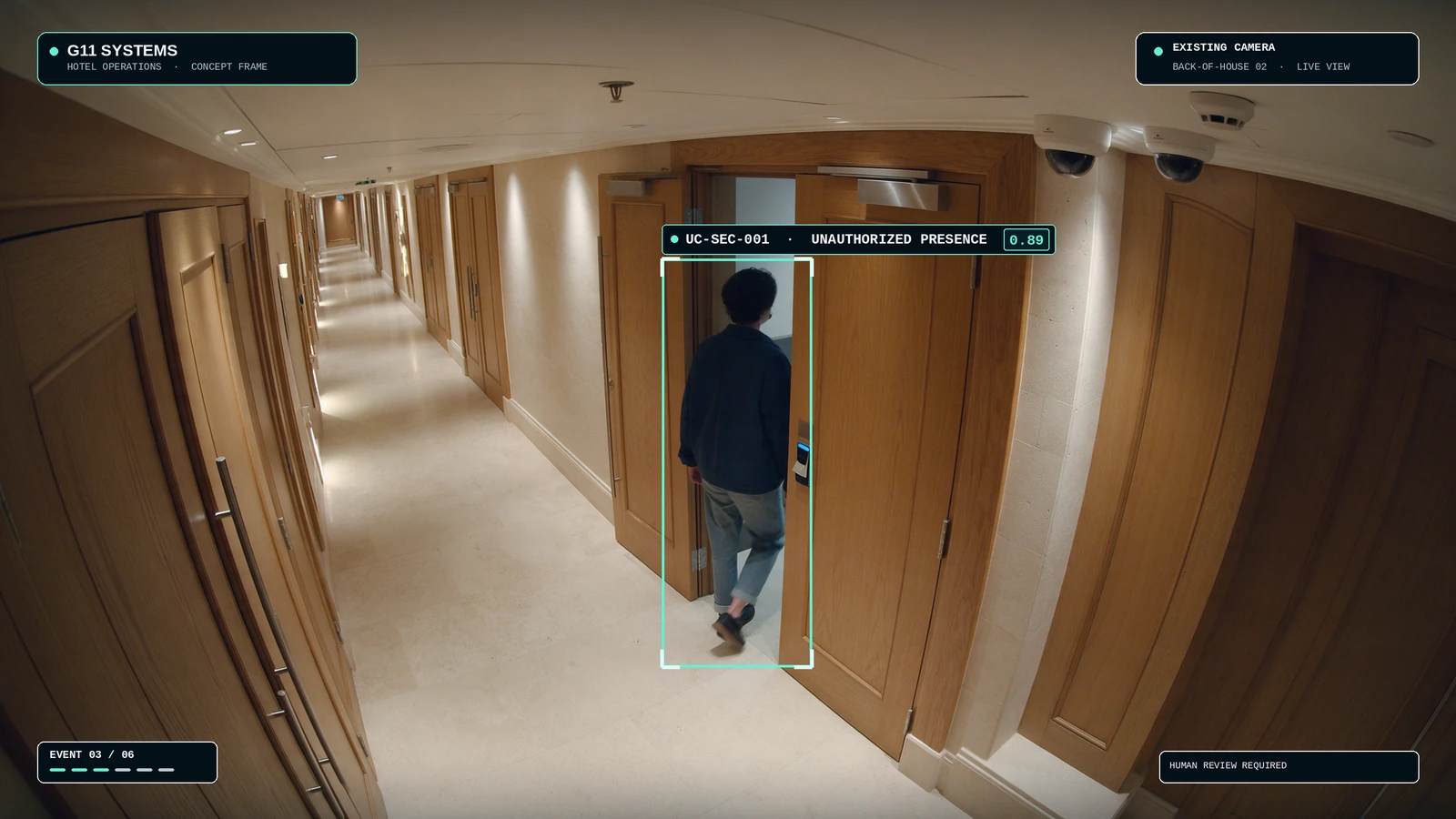 Illustrative back-of-house corridor camera frame showing a person near a doorway, without identifying them.